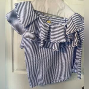 Asymmetrical ruffle one shoulder top blue and white pinstripes layered size Lg